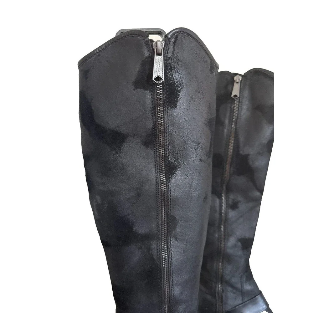 Donald J Pliner Dela Black Leather Tall Riding Moto Boots Buckle Womens 9 M